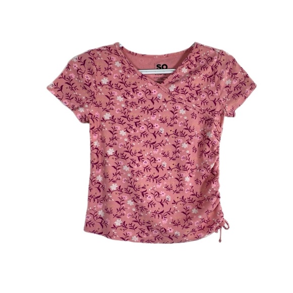 SO Girl’s Floral Ruched Drawstring Side Ribbed Top - Picture 1 of 4